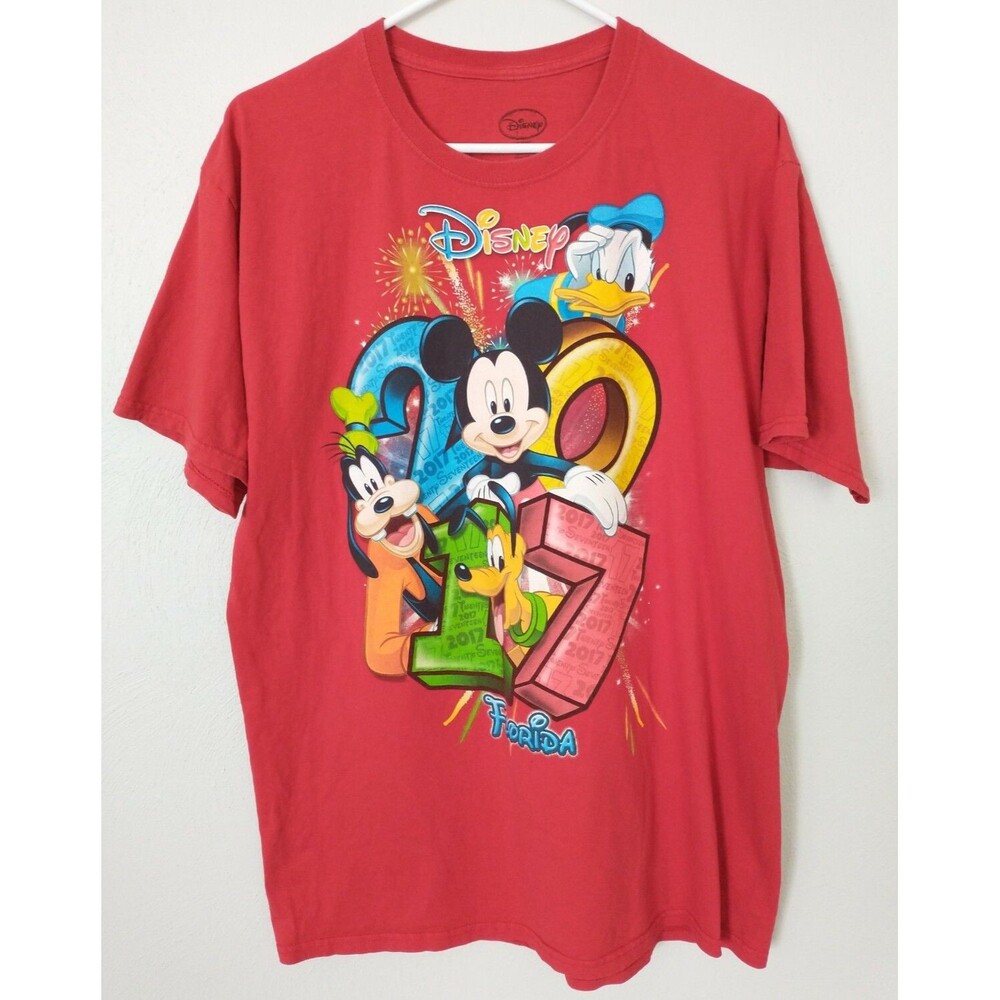 DISNEY Red T-Shirt FLORIDA Sz L Mickey Goofy Donald 2017 Short Sleeve (430)
